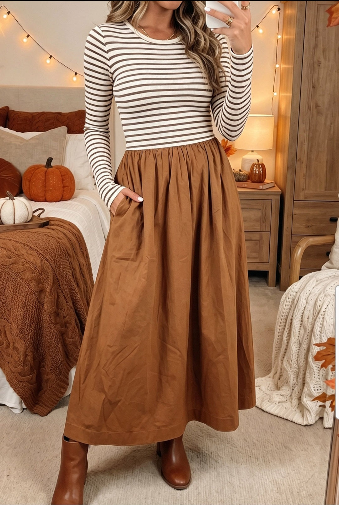 Brown Stripe Ribbed Knit Long Sleeve Bodice Contrast Patchwork Flared Dress Online Only & In Stock (listed separately)