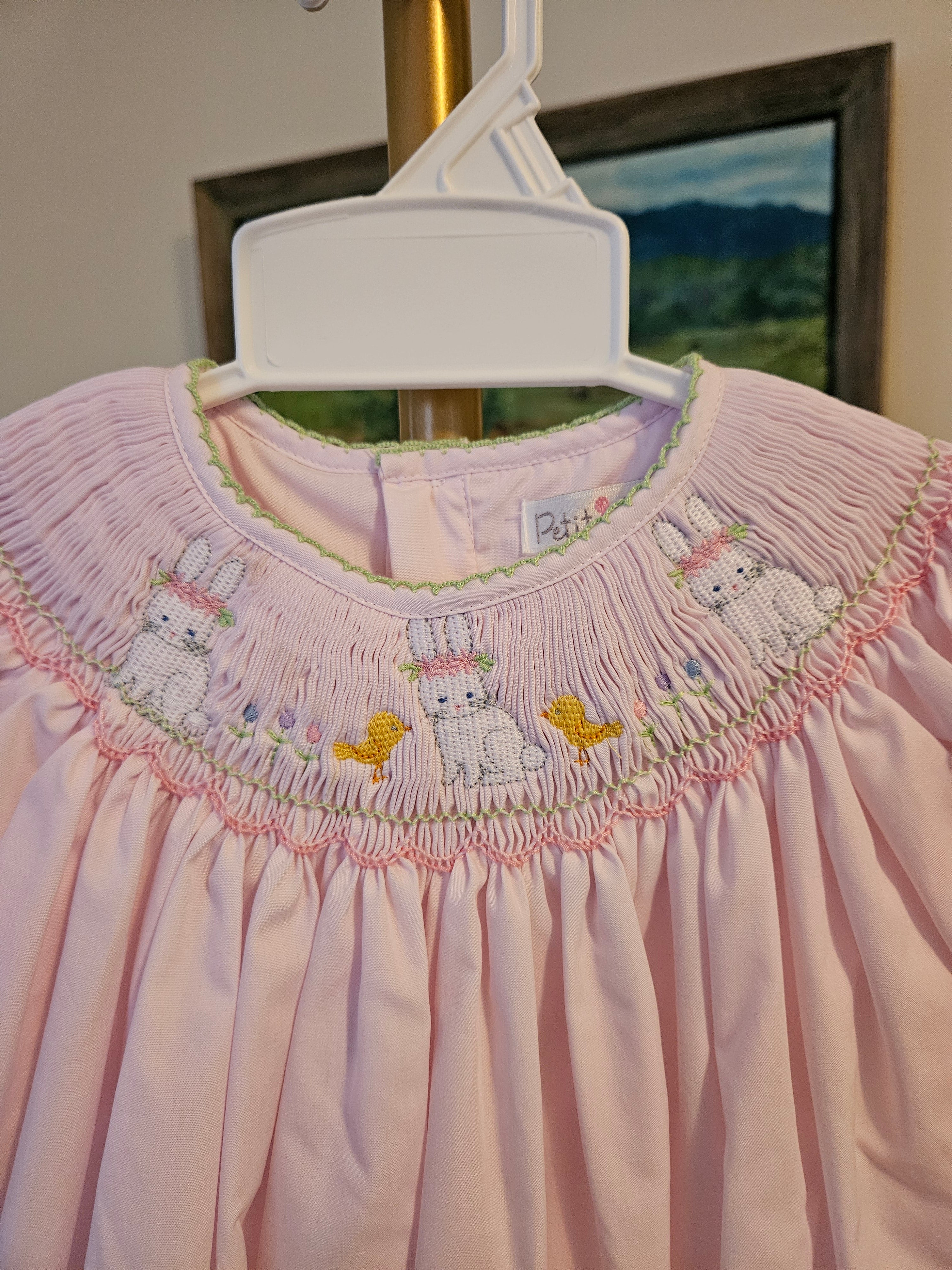 Petit Ami Light Pink Bishop Dress With Easter Bunny Smocking