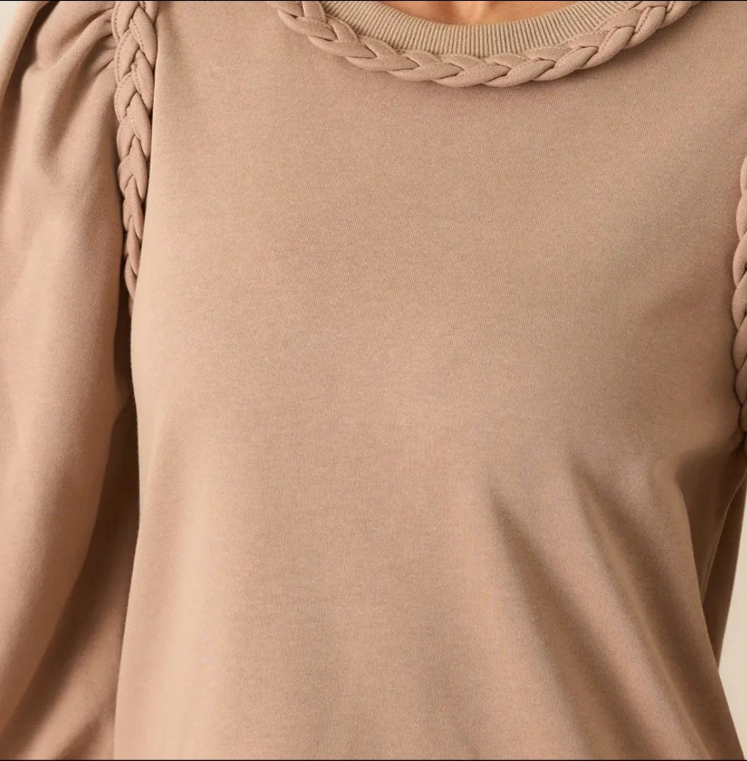 Lovesoft Light French Beige Braided Trim Puff Sleeve Dress Sz Med