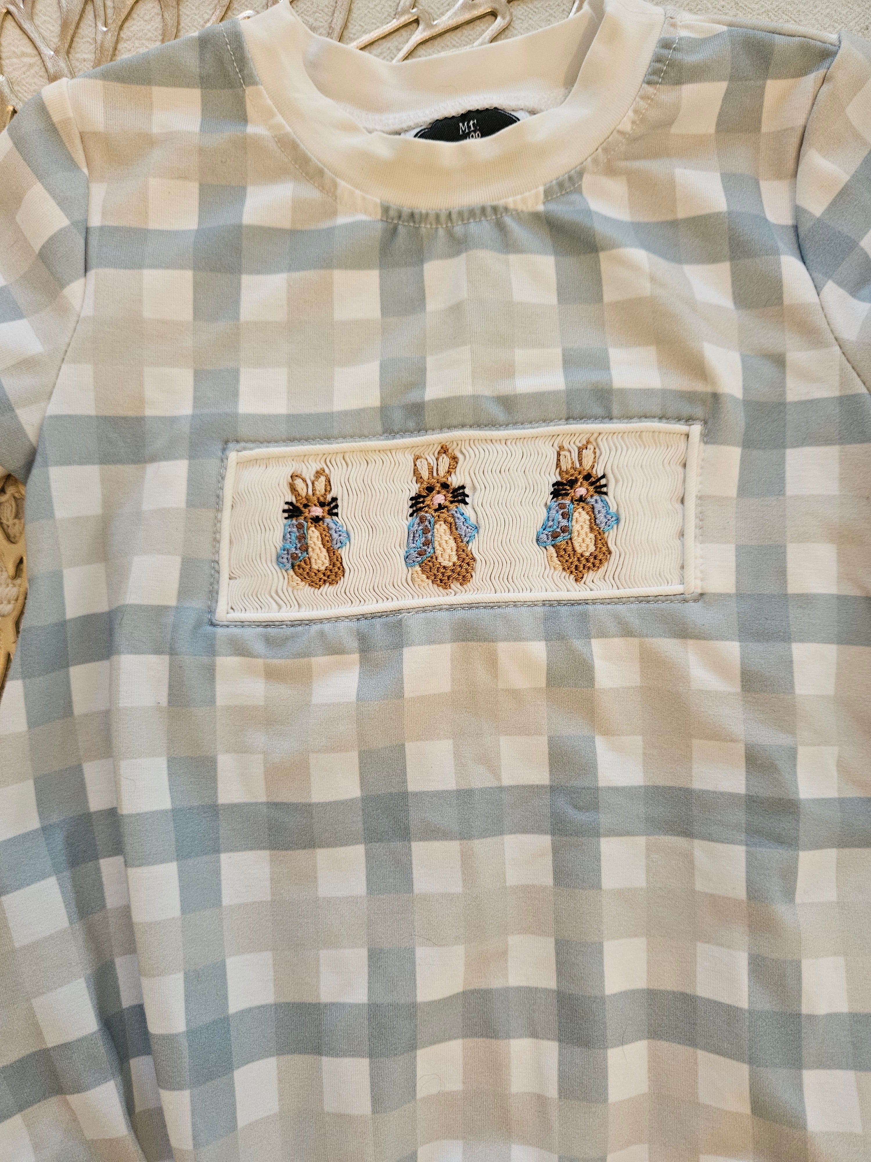 Mr. Bowtique Bunny Smocked Blue and White Plaid Kids Romper Sz 9M