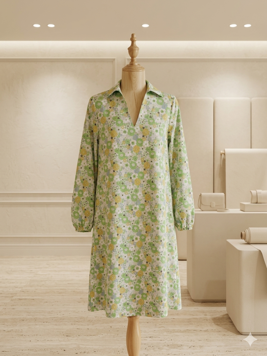 HiddenBrand Green Floral Bohemian Midi Dress | Puff Sleeve V-Neck