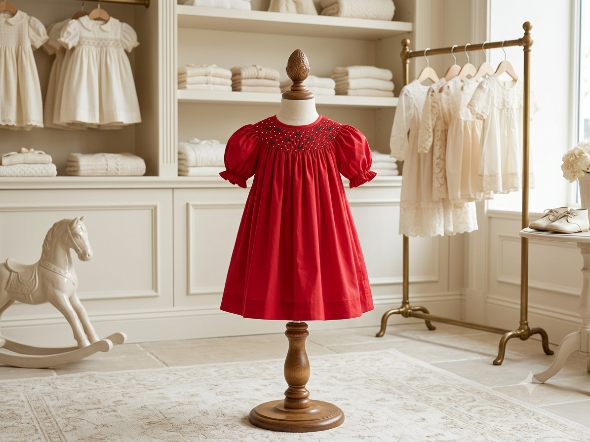 Love Me Red Heirloom Smocked Bishop Dress with Green Bows & Pearls