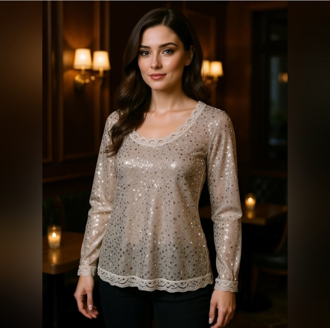 Moda International Silver Sequin Shear Blouse Sz XS