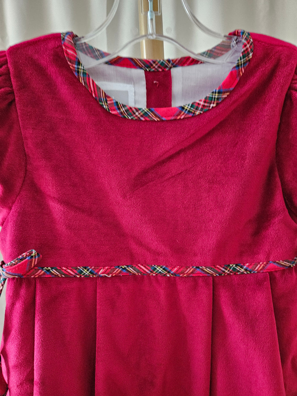 Lil Cactus Deep Red Velvet Christmas Dress Plaid Trim