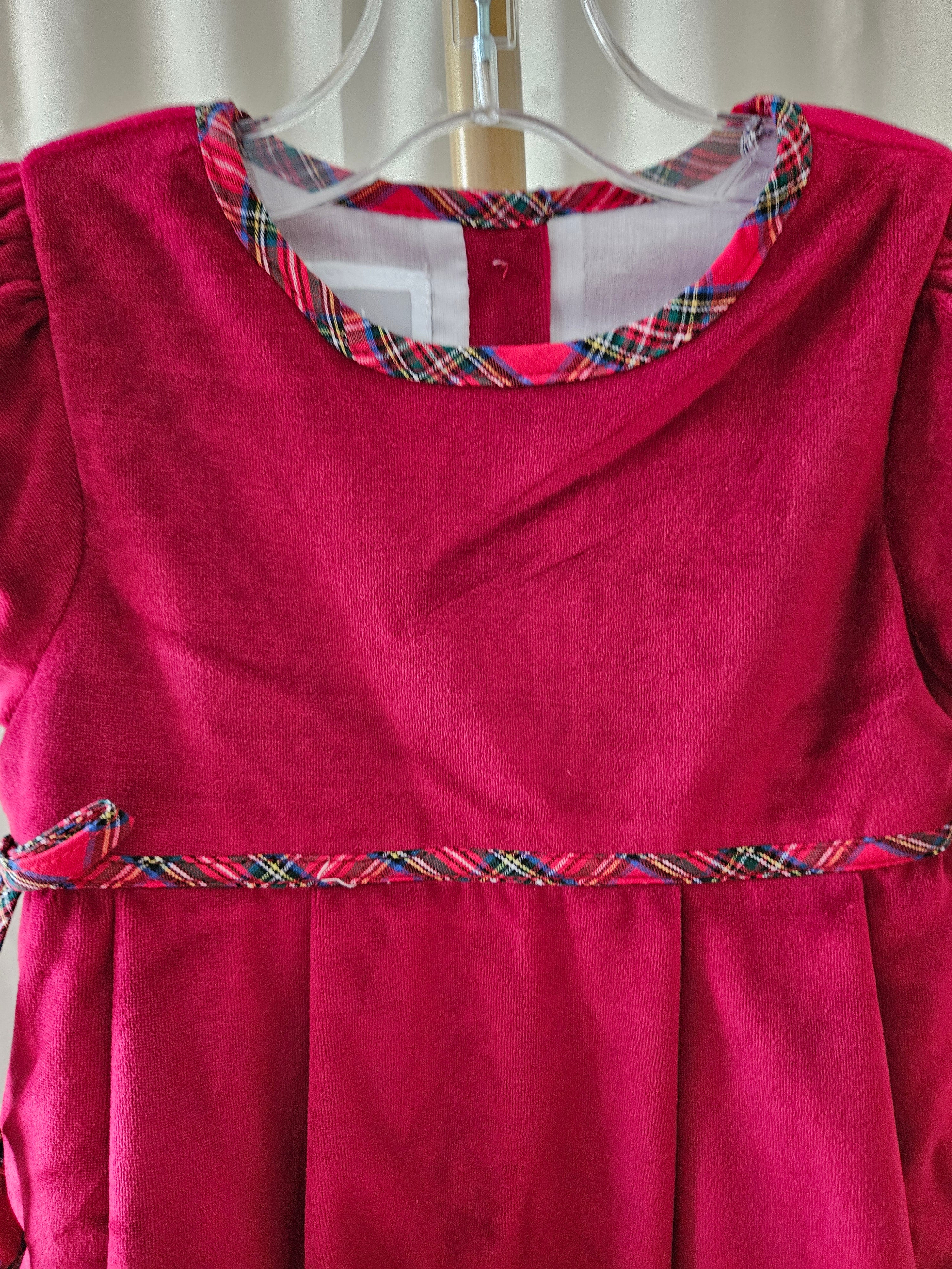 Lil Cactus Deep Red Velvet Christmas Dress Plaid Trim