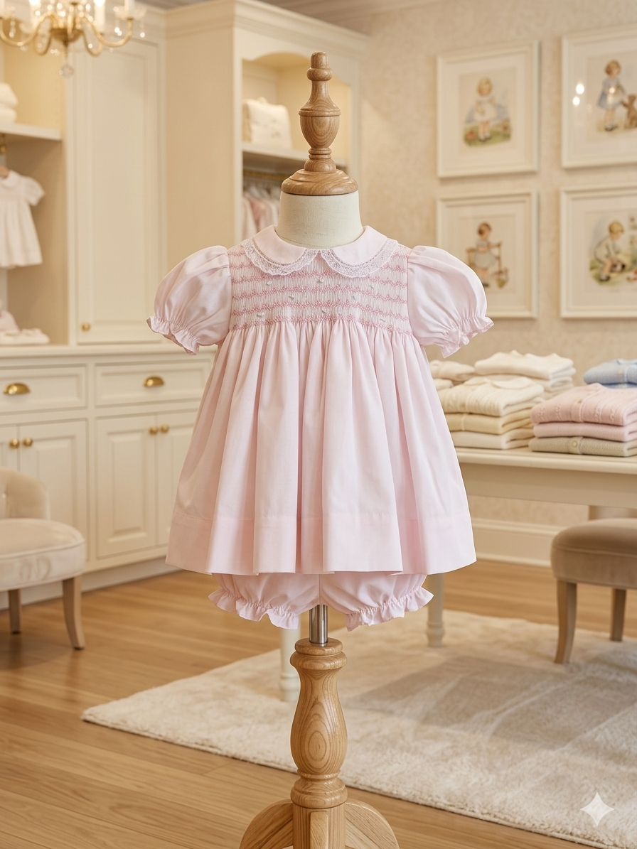 Petit Ami Pink Floral Smocked Baby Dress Set with Bonnet