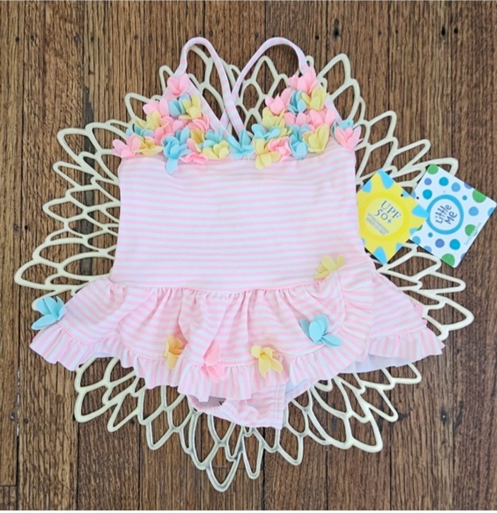 🌸 Little Me Pink & White Striped Floral Swimsuit – 12 Months 🌸