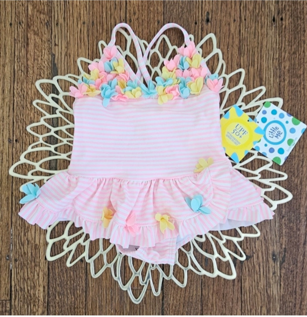 🌸 Little Me Pink & White Striped Floral Swimsuit – 12 Months 🌸
