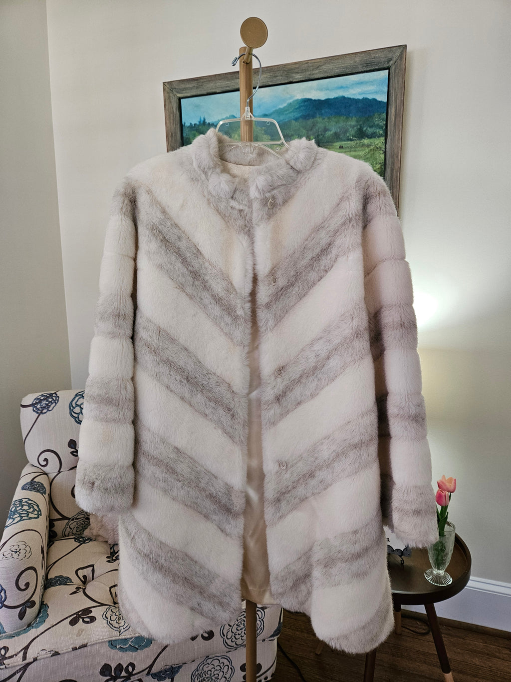 Vintage Central Park Zoo Cream and Gray Faux Mink Jacket Sz Sm