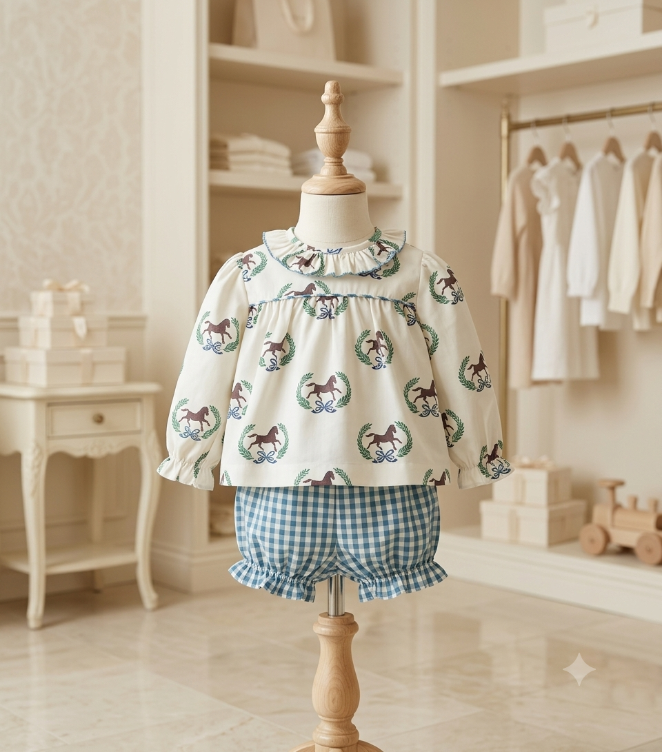 The Beaufort Bonnet Company Bon Air Bloomer Set Horse Print & Blue Gingham NWT Sz 6-12M