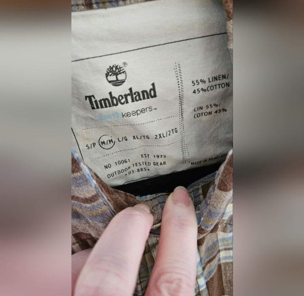 Timberland Plaid Linen Blend Short Sleeve Button Down Size Medium