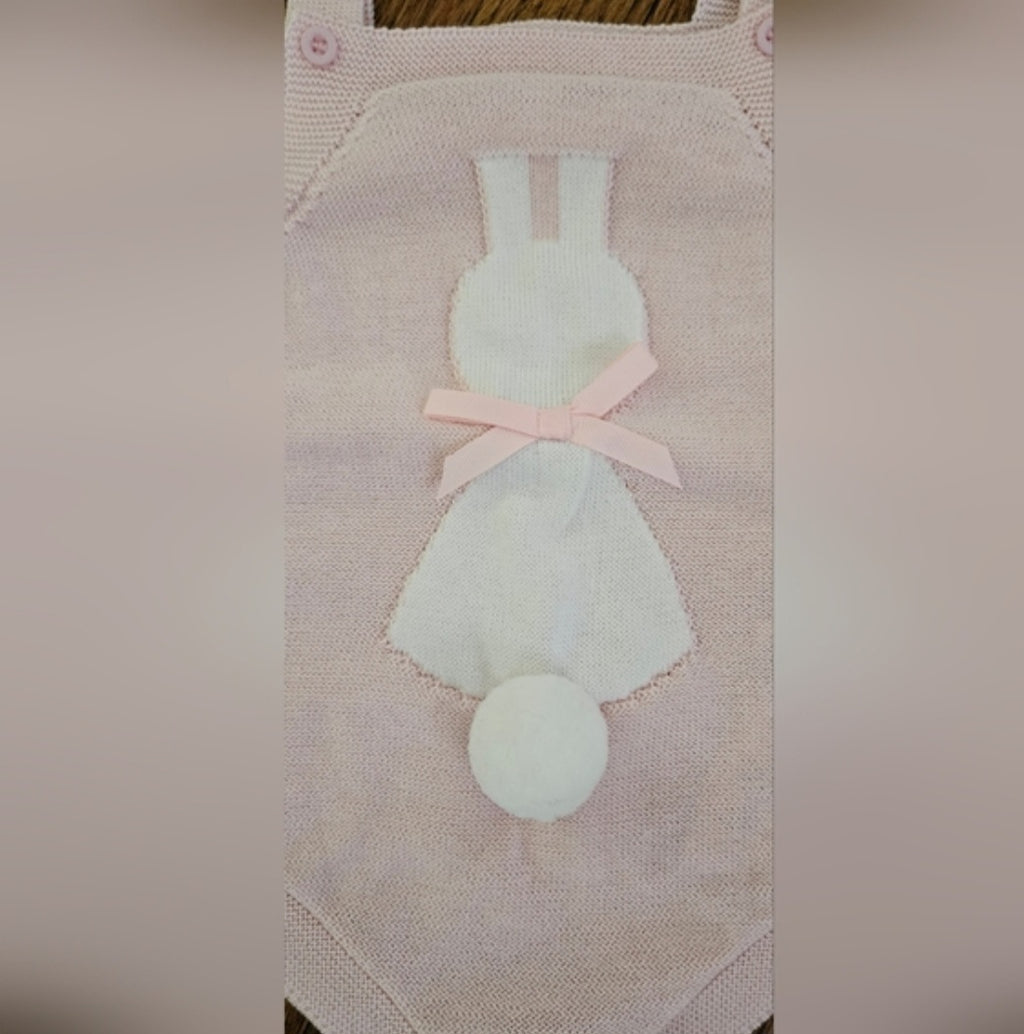 Bunny Knit Overall Romper With Bow & Cotton Ball Tail Sz 9-12 M