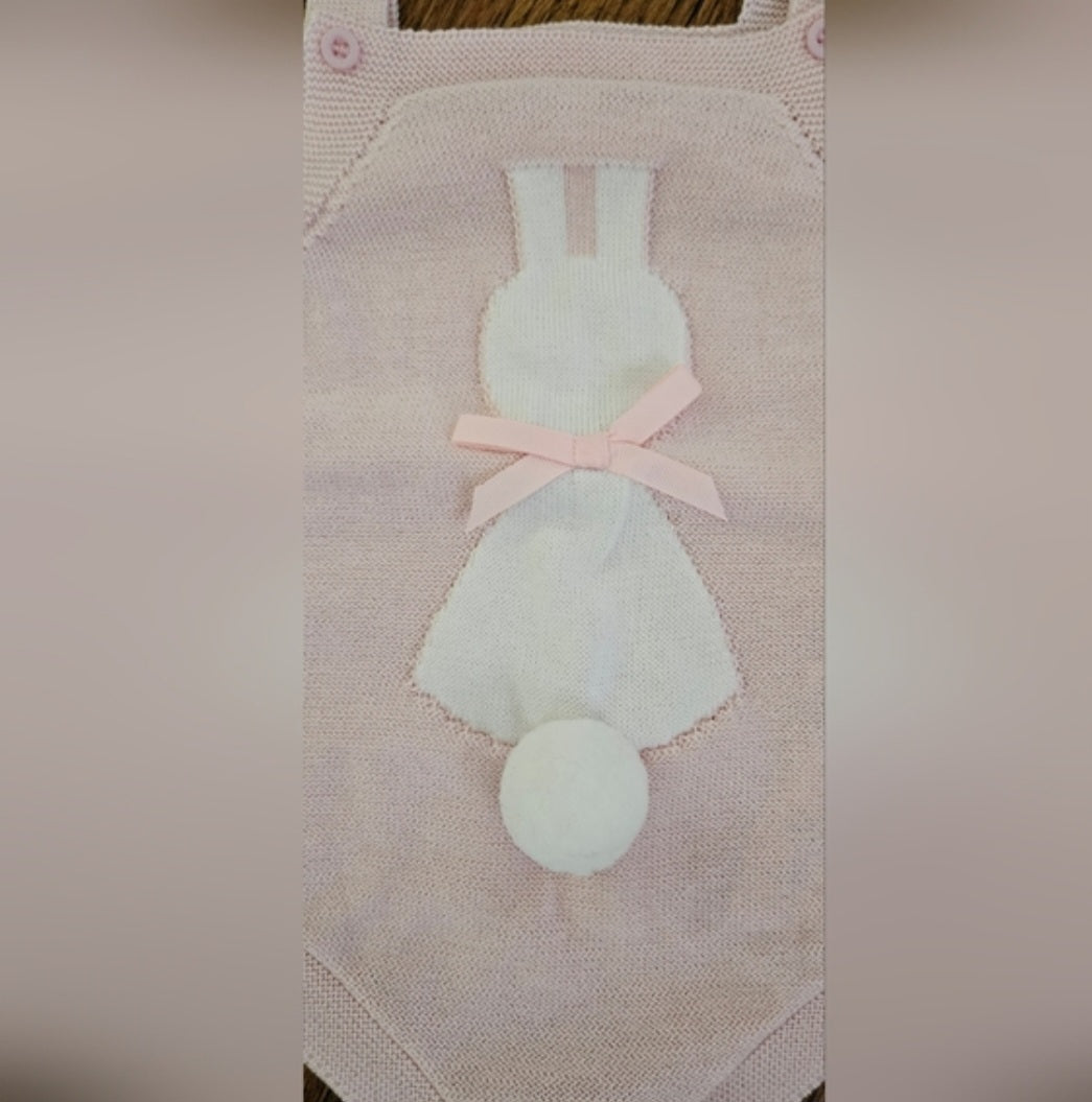 Bunny Knit Overall Romper With Bow & Cotton Ball Tail Sz 9-12 M