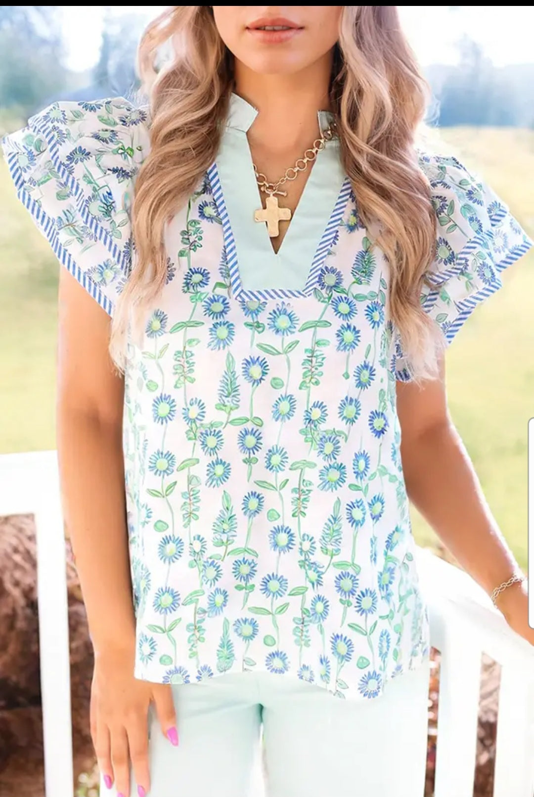 Lovesoft Green Floral Print Patchwork Flutter Sleeve Blouse