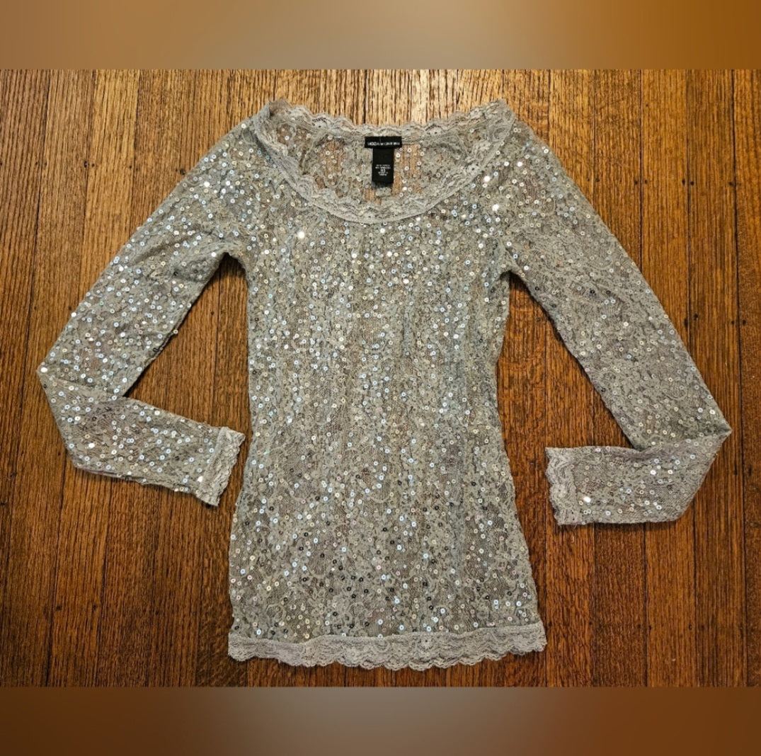 Moda International Silver Sequin Shear Blouse Sz XS