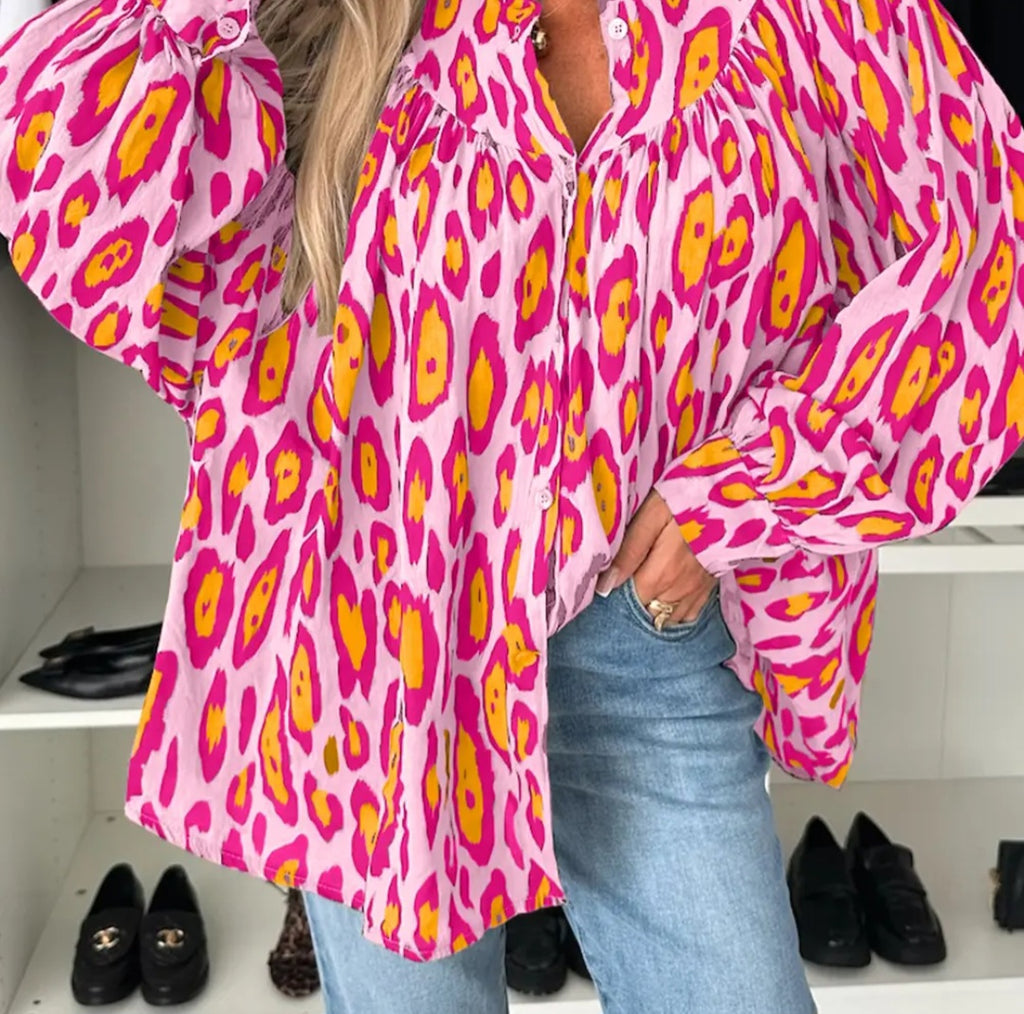 Lovesoft Rose Red Oversized Leopard Print Balloon Sleeve Casual Shirt Sz Sm