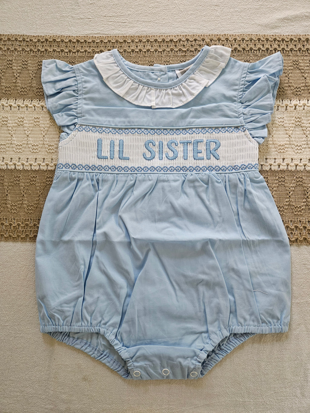 Lil Cactus Lil Sister Smocked Bubble – Baby Blue – Size 18-24M & 2T