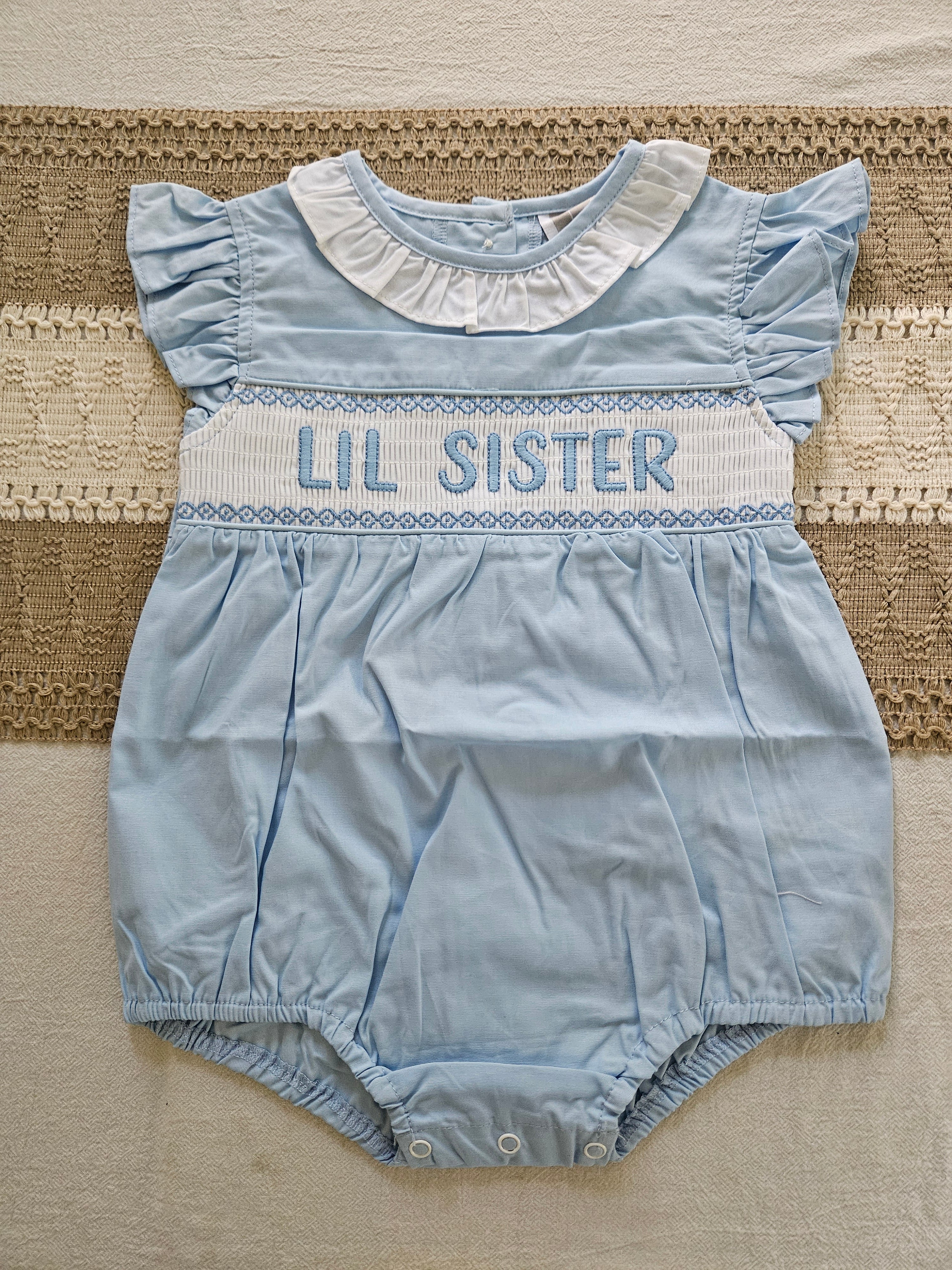 Lil Cactus Lil Sister Smocked Bubble – Baby Blue – Size 18-24M & 2T