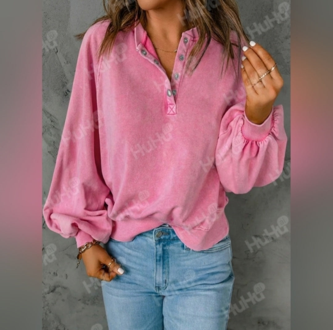 Lovesoft Washed Snap Buttons Lantern Sleeve Pullover Sweatshirt Sz Sm