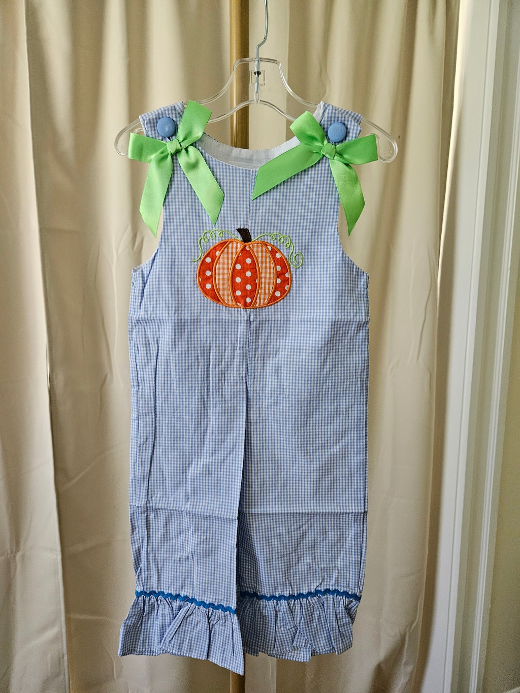 Lil Cactus Blue & White Gingham Pumpkin Appliqué Romper