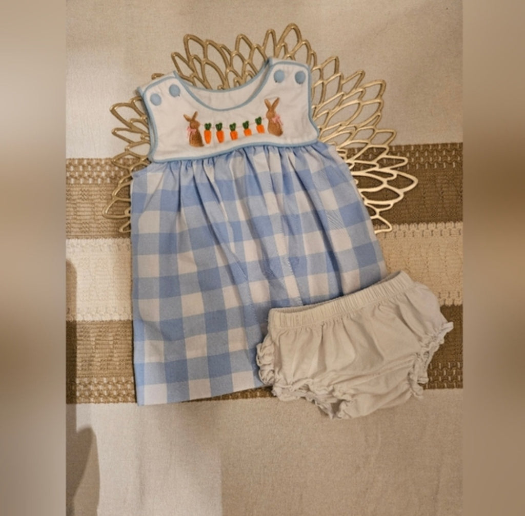 Three Sisters Charming Blue Checkered Kids Dress with Bunny Design Sz 9M