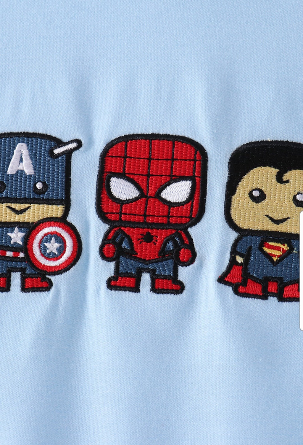 Blue Character Embroidered Hoodie. Featuring toddler Captain America, Spiderman, and Superman. Online Only
