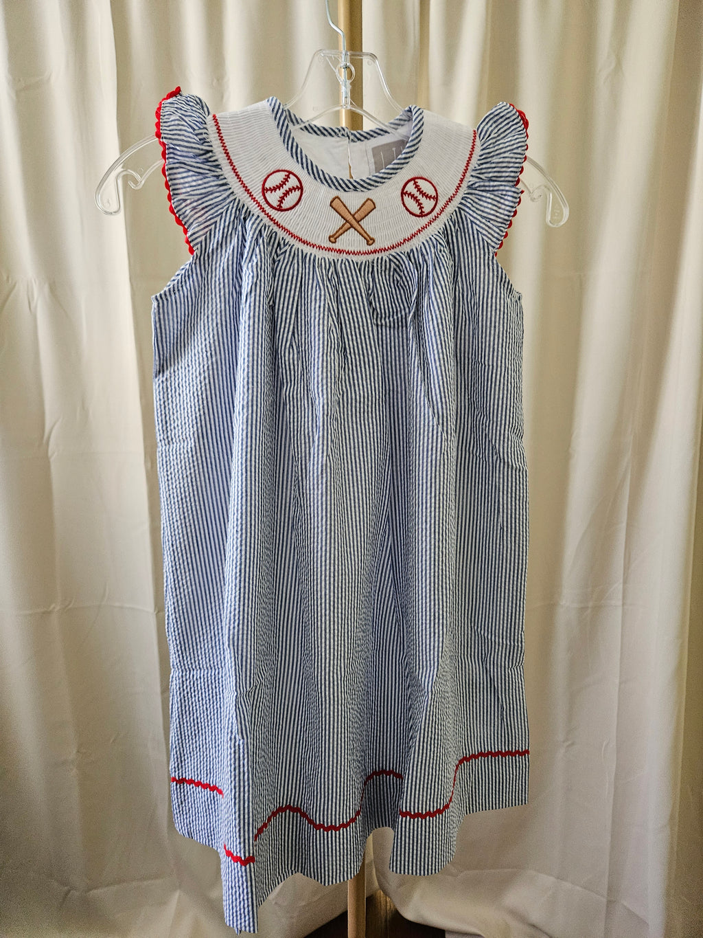Lil Cactus Blue & White Seersucker Smocked Baseball Dress
