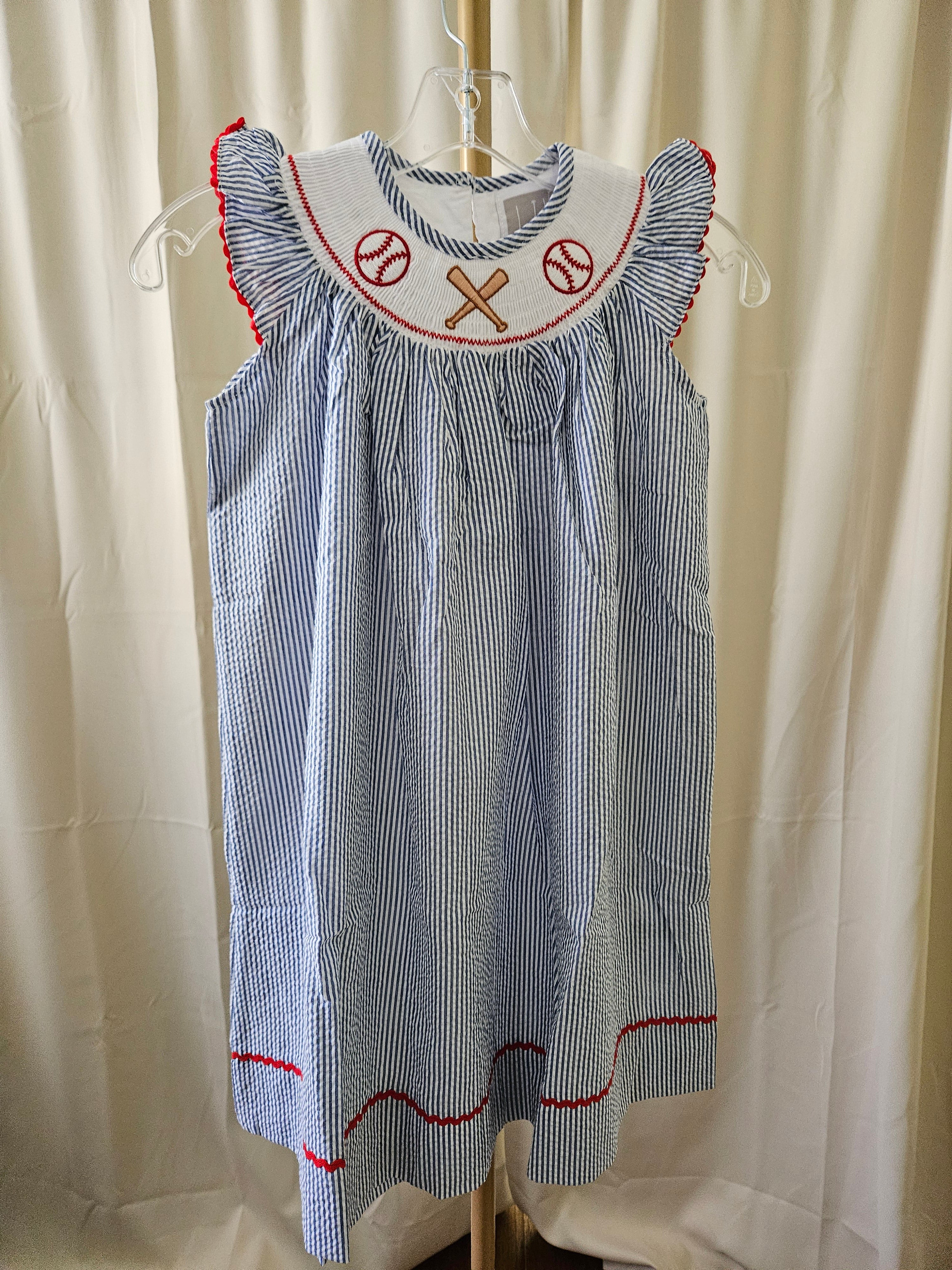 Lil Cactus Blue & White Seersucker Smocked Baseball Dress