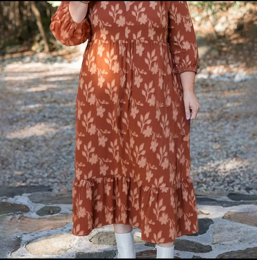 Lovesoft Cinnamon Textured 3D Flower Pattern Ruffle Hem 3/4 Sleeve Dress Sz 2X