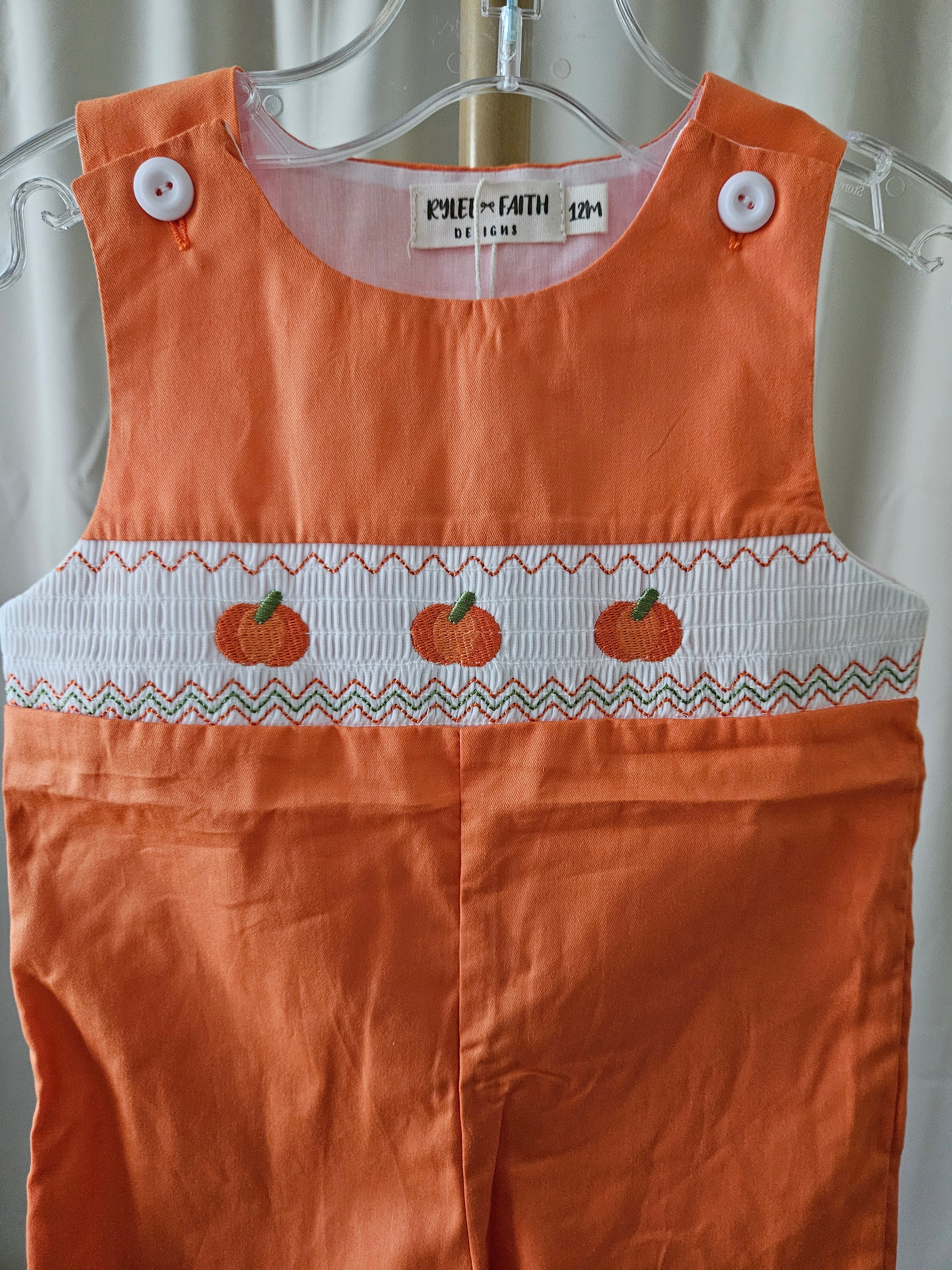 Rylee Faith Designs Orange Pumpkin Smocked Jon Jon | Sizes 3M, 6M, 12M, 18M