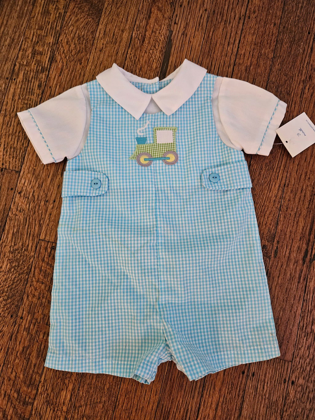 Petit Ami Blue Gingham Tractor Romper Sz 3M