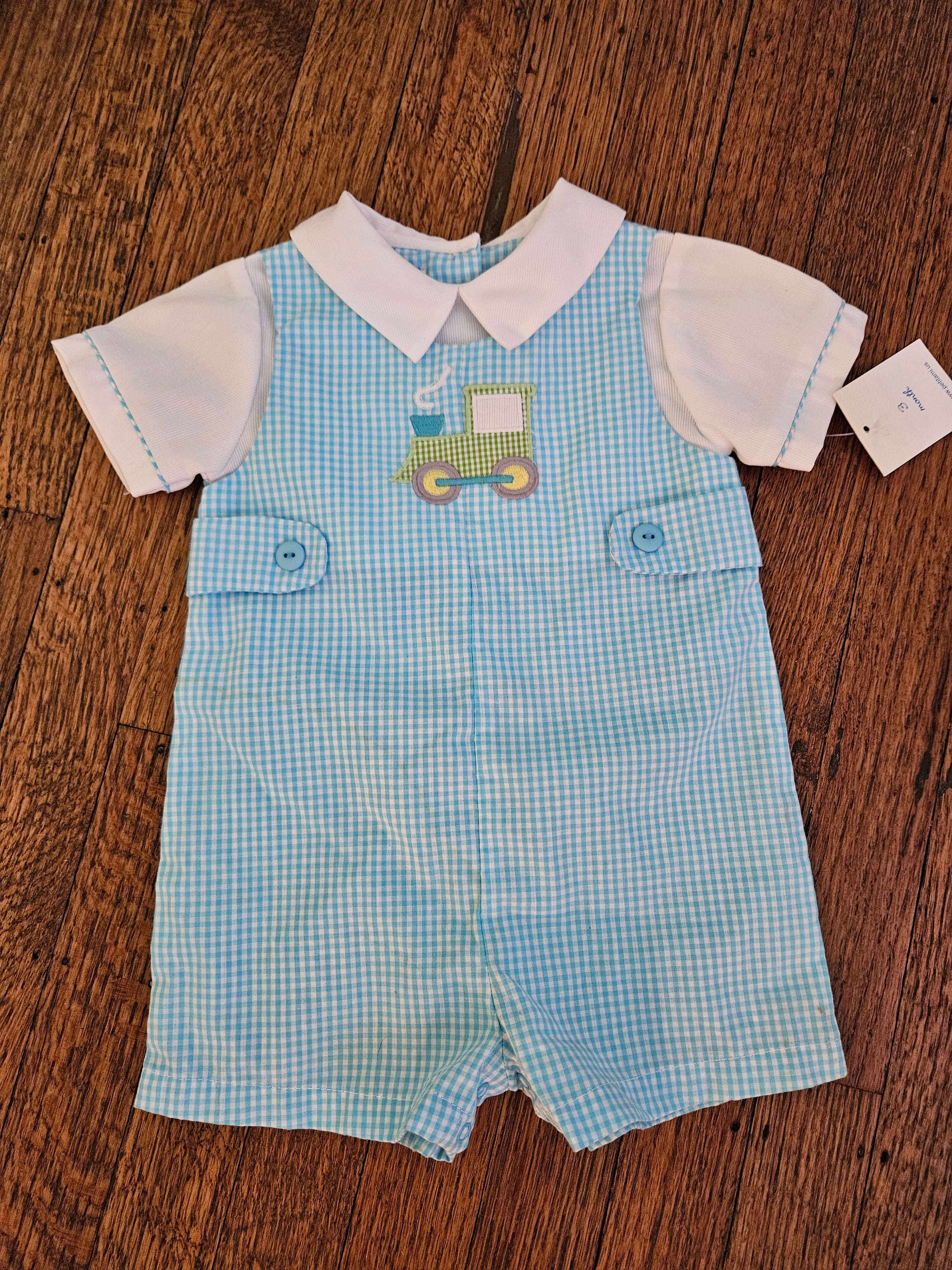 Petit Ami Blue Gingham Tractor Romper Sz 3M