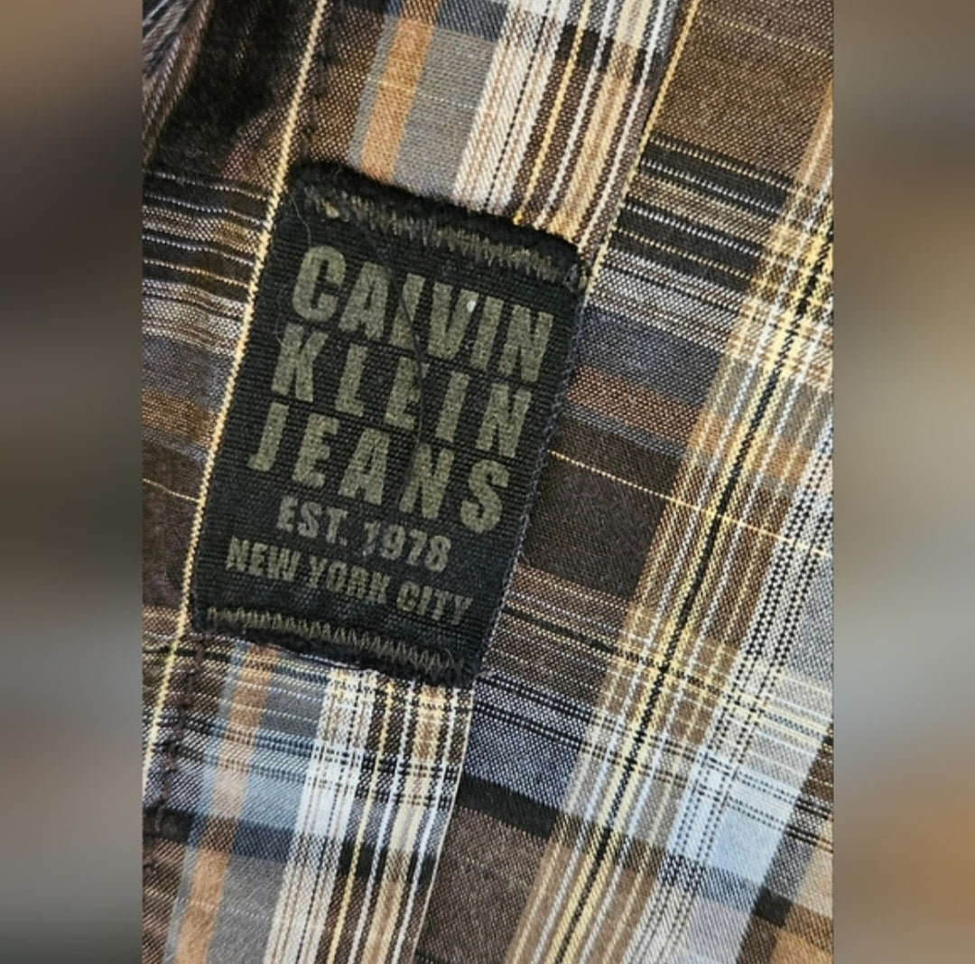 Calvin Klein Jeans Plaid Short Sleeve Snap Front Shirt Size XL