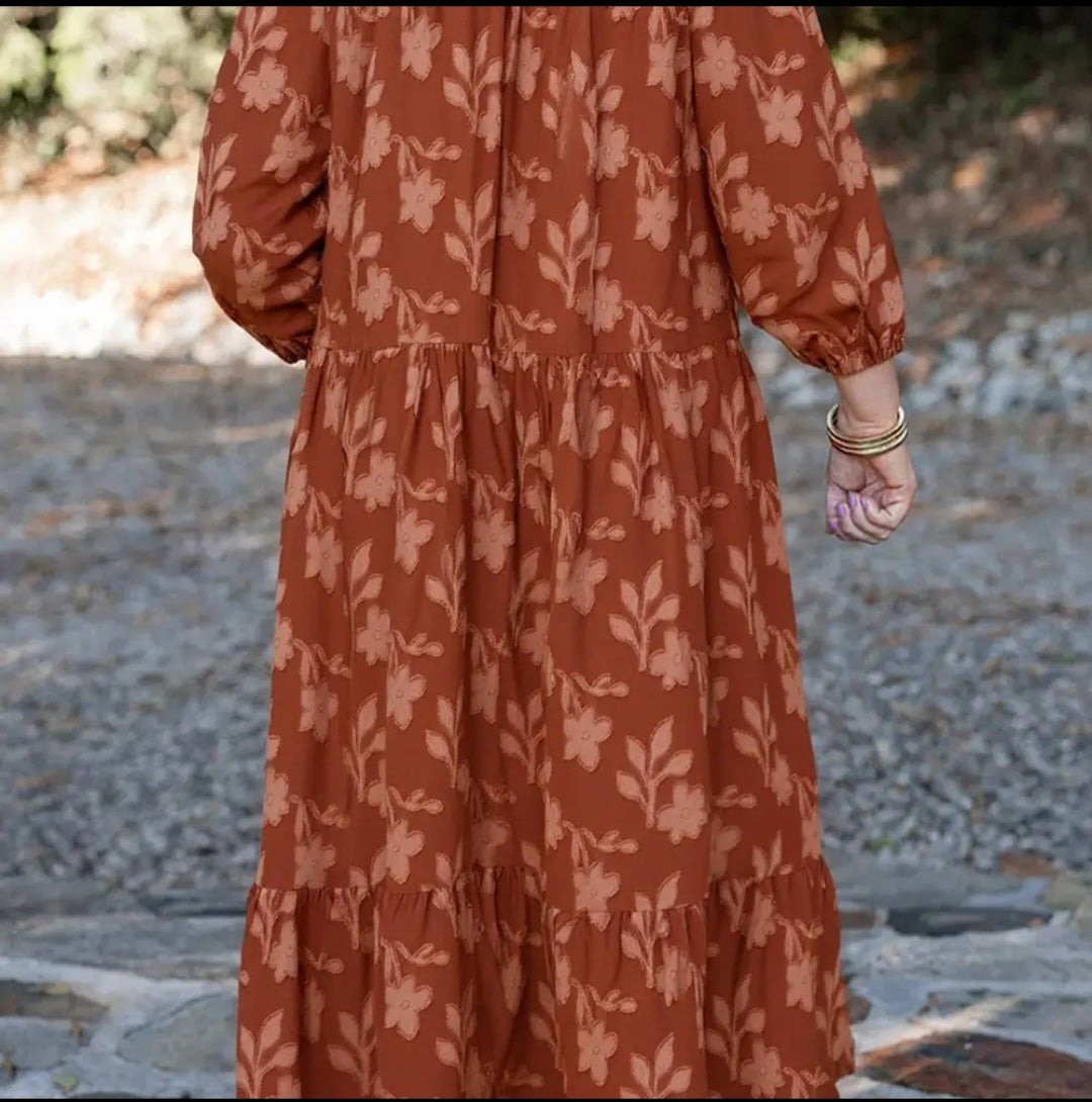 Lovesoft Cinnamon Textured 3D Flower Pattern Ruffle Hem 3/4 Sleeve Dress Sz 2X