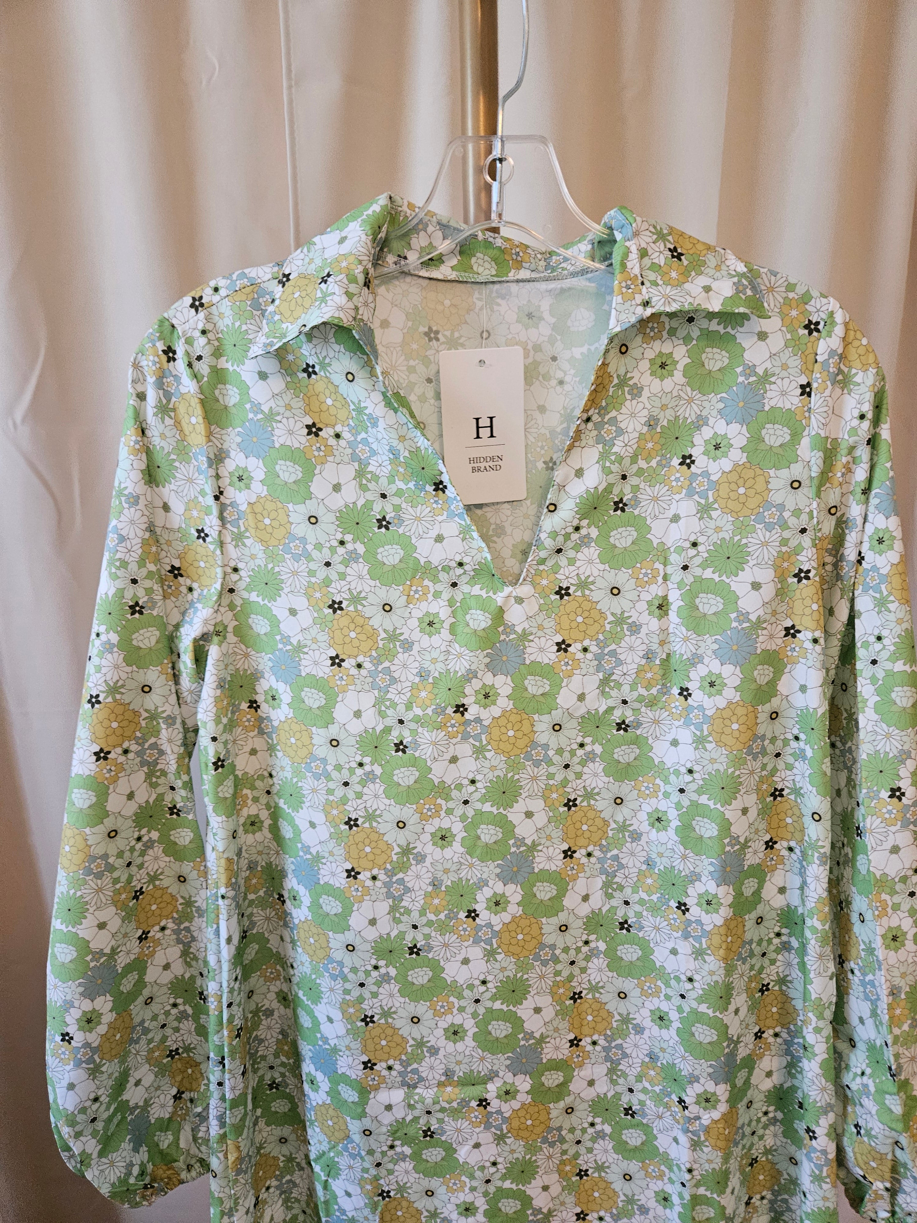 HiddenBrand Green Floral Bohemian Midi Dress | Puff Sleeve V-Neck