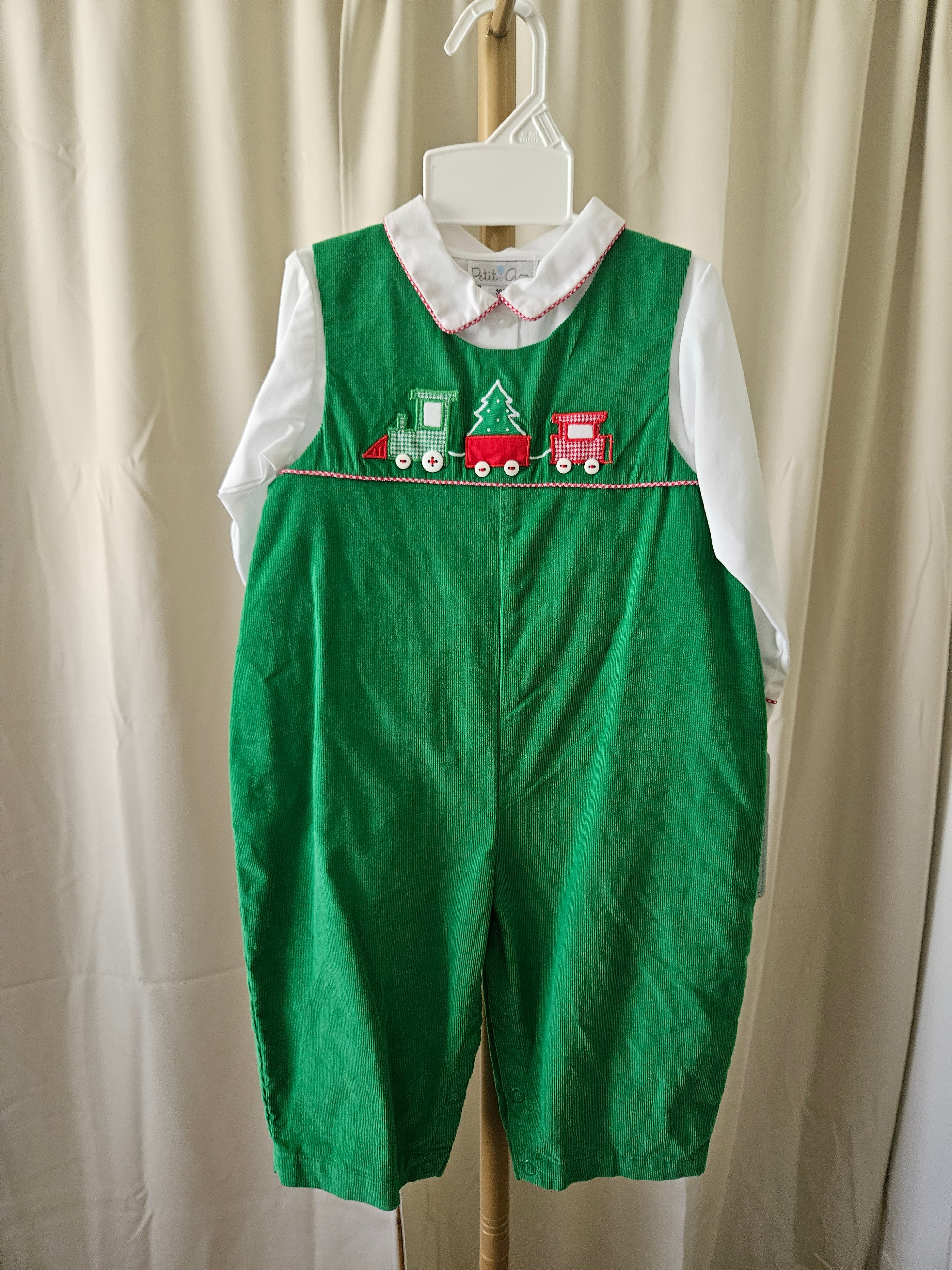Petit Ami Christmas Train Corduroy Overall Set