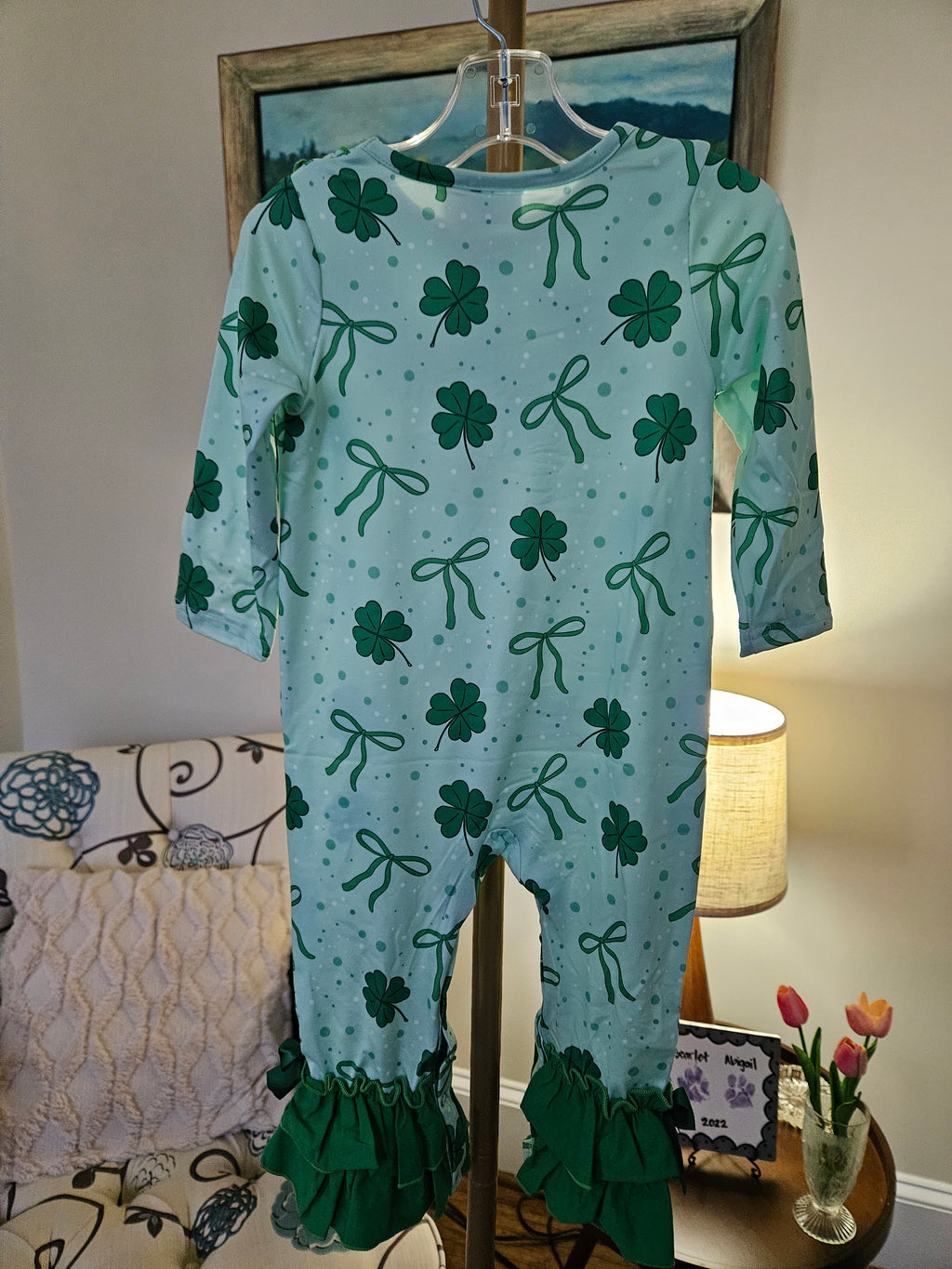 Auraquise Green Shamrock Romper with Ruffle Details