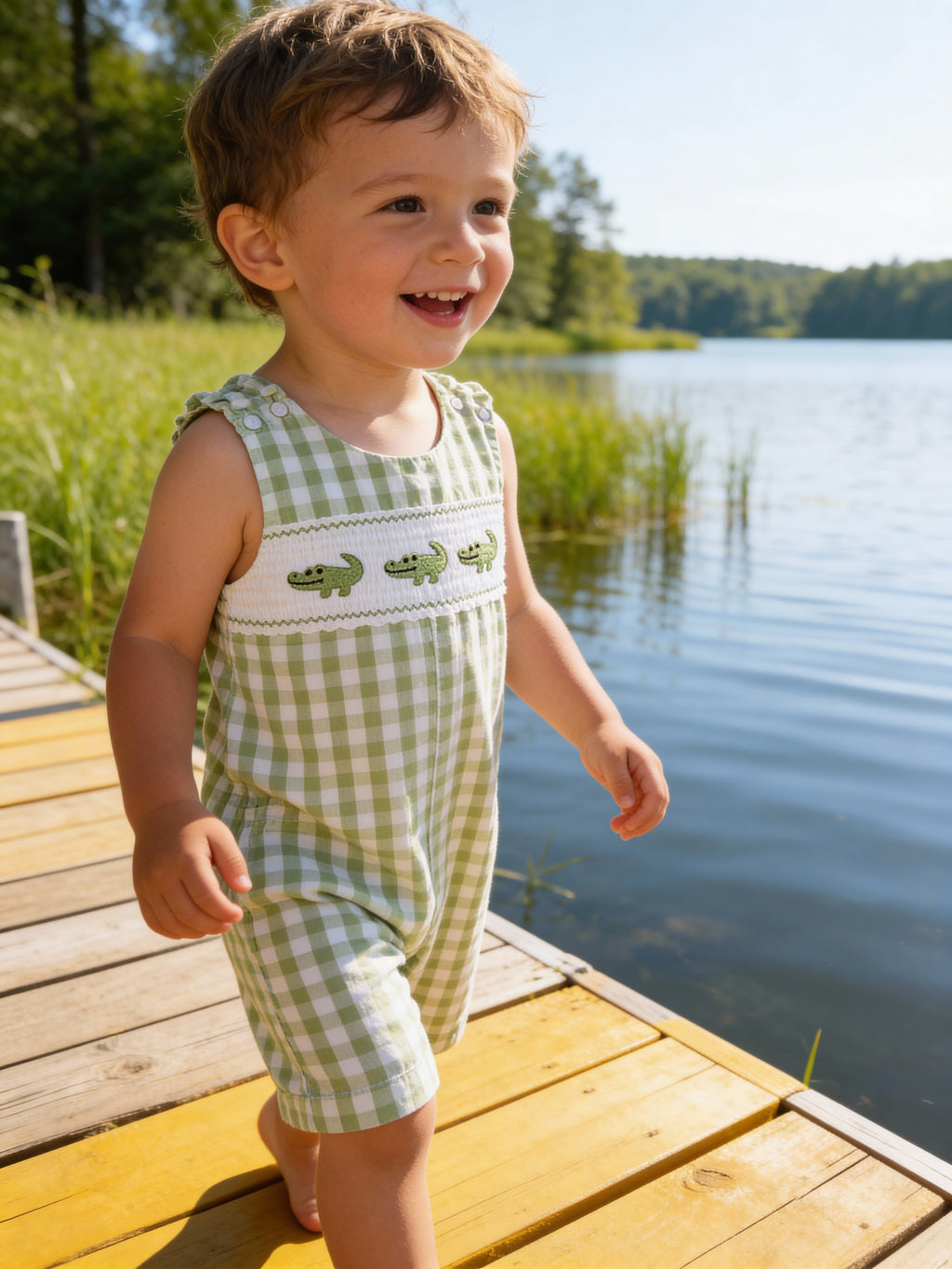 Lil' Cactus Light Green Alligator Smocked Overalls Sz 18-24M