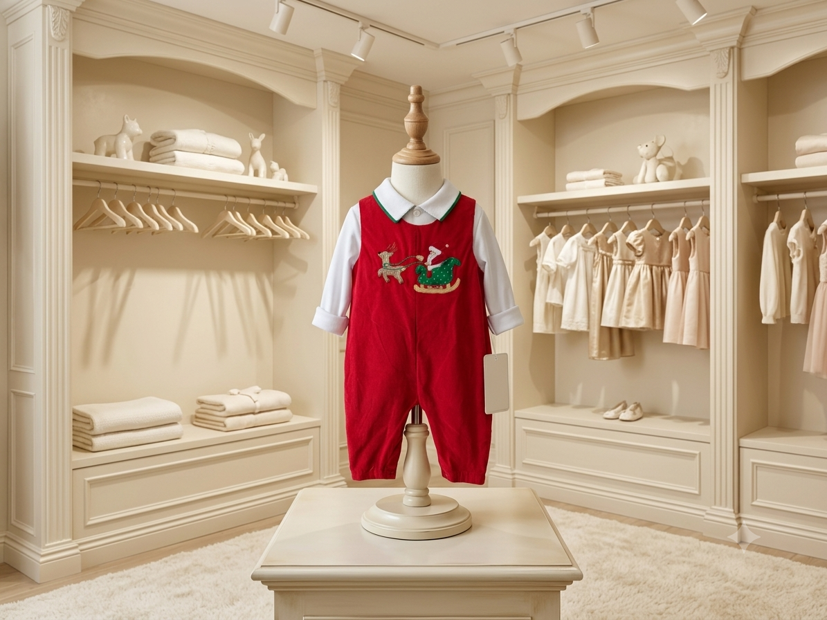 Petit Ami Red Corduroy Santa Sleigh Jon Jon & Shirt Set