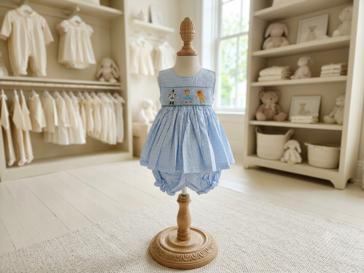 Mom & Me 24M Blue & White Polka Dot Wizard of Oz Smocked 2pc Set