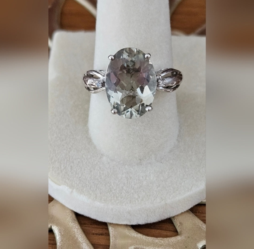 Green Amethyst & Diamond Ring Set In Platinum Over 925 Sterling Sz 8
