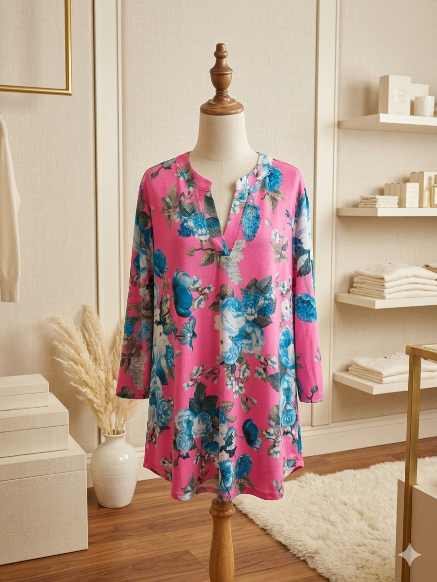 Dear Scarlett Pink & Blue Floral 3/4 Sleeve Top 2X