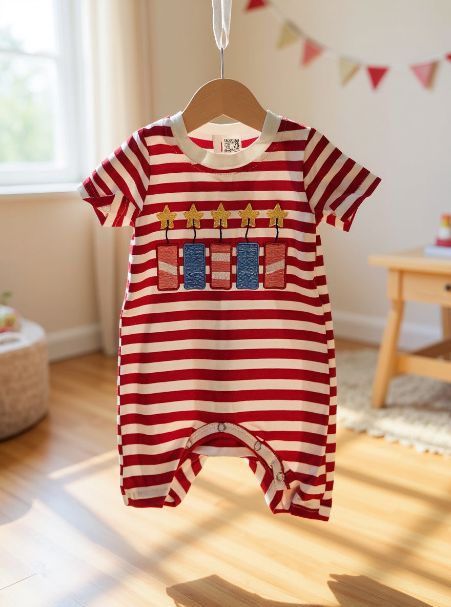 Marie Nicole Embroidered Fireworks Ringer Romper Sz 3-6M