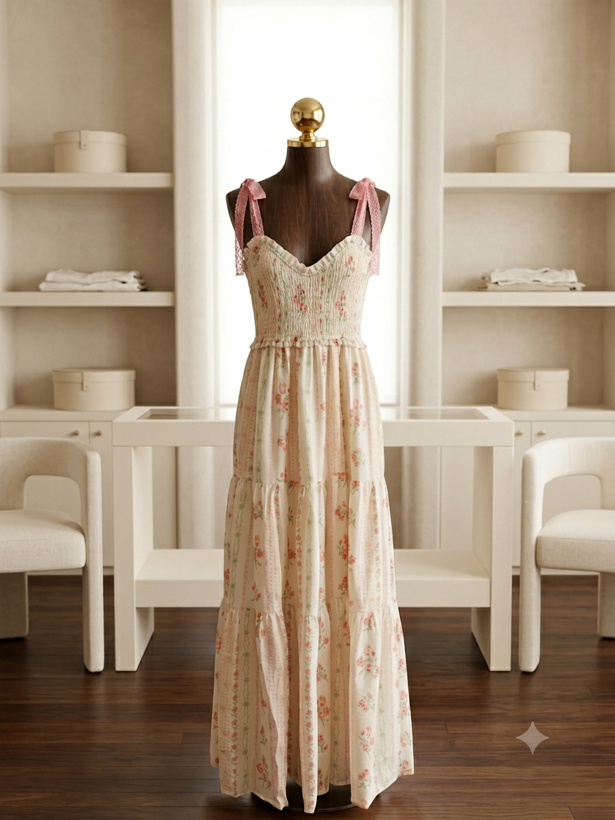 J.NNA Rose Stripe Smocked Maxi Dress Cottagecore Romantic