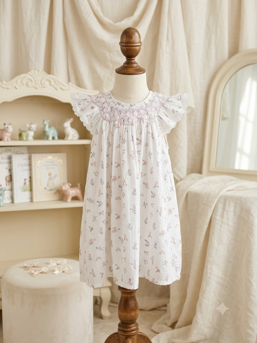 Floral Smocked Flutter Sleeve Dress with Lace Detail 12–18M