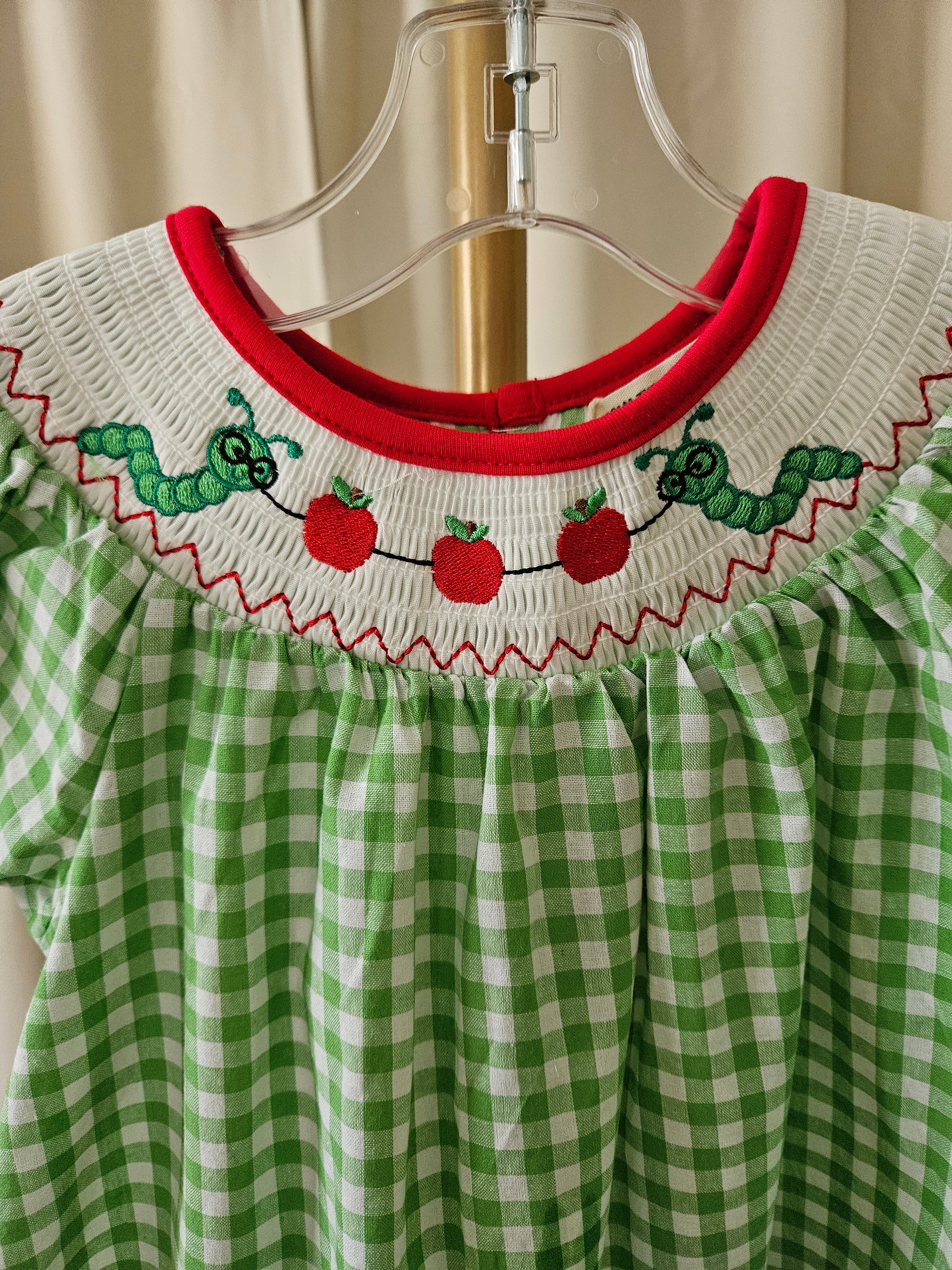 Rylee Faith Designs Smocked Bookworm Bishop Dress Green Gingham Girls