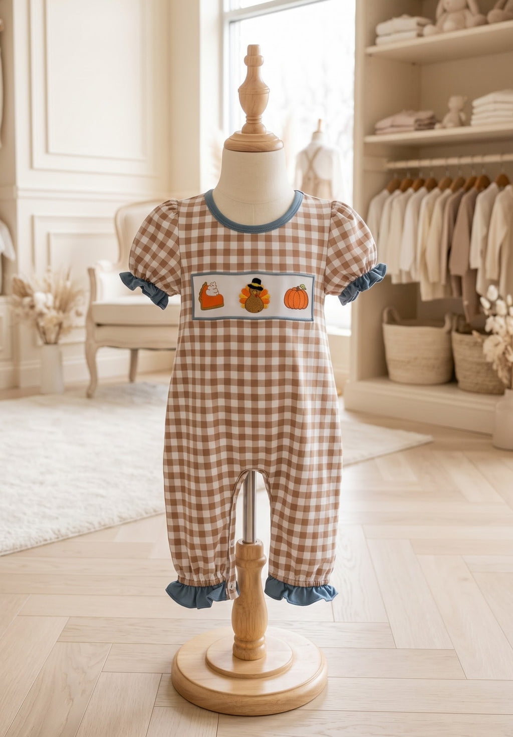 Abby & Evie Size 6 Months Brown Gingham Thanksgiving Romper