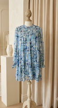 Entro Light Blue Abstract Print Smocked Tiered Dress Size Medium