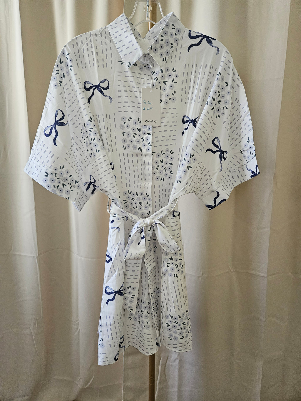 Rosa Clothing Blue & White Floral Bow Romper Blouse | Tie Waist | NWT