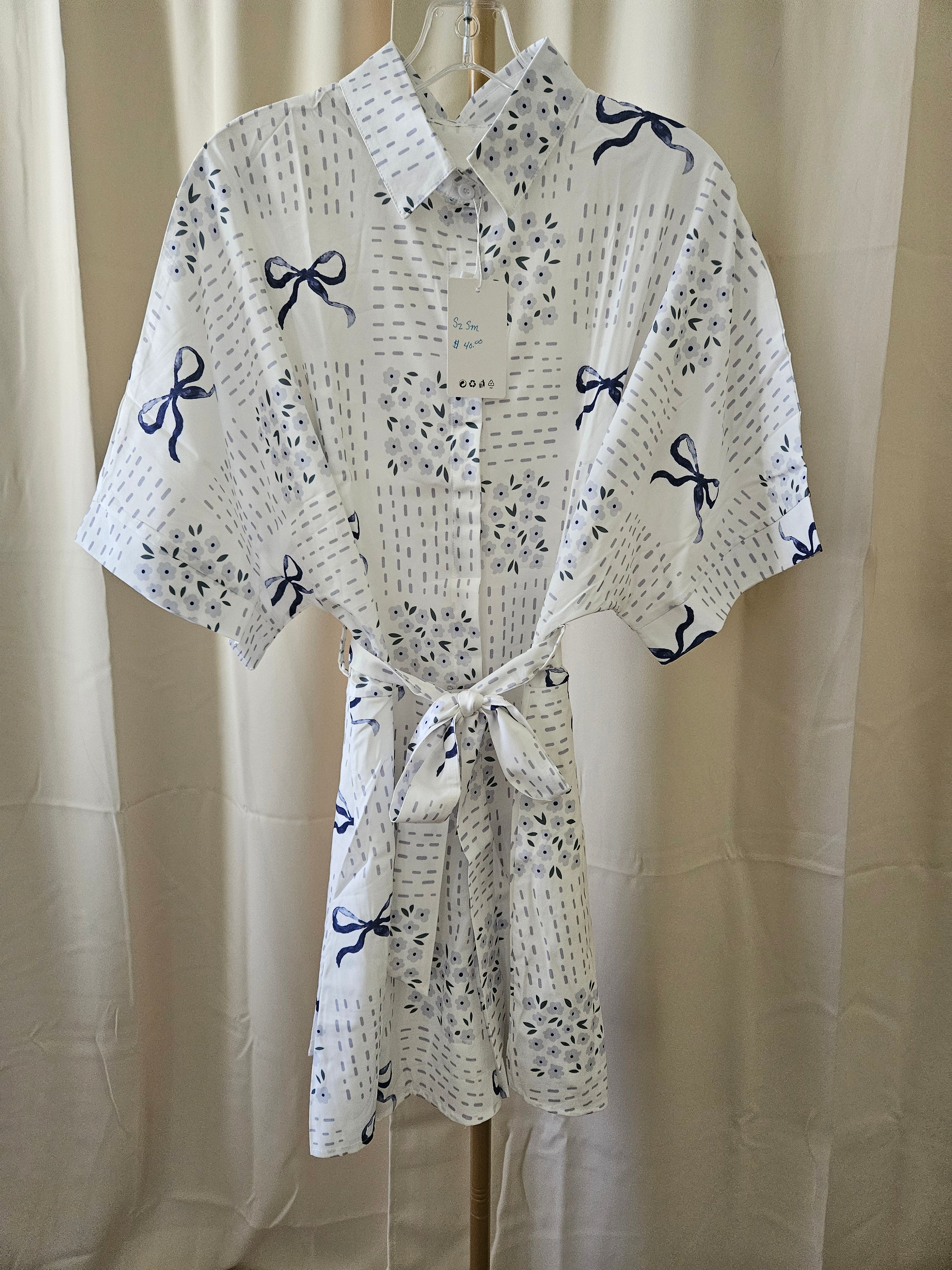 Rosa Clothing Blue & White Floral Bow Romper Blouse | Tie Waist | NWT